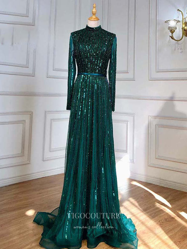 vigocouture-Beaded Long Sleeve Prom Dresses High Neck Evening Dresses 21204-Prom Dresses-vigocouture-Green-US2-