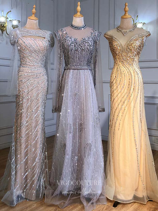vigocouture-Beaded Long Sleeve Prom Dresses High Neck Evening Dresses 21206-Prom Dresses-vigocouture-