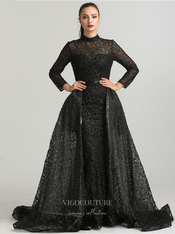 vigocouture-Beaded Long Sleeve Prom Dresses High Neck Formal Dresses 21231-Prom Dresses-vigocouture-Black-US2-