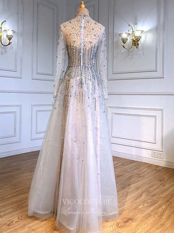 vigocouture-Beaded Long Sleeve Prom Dresses High Neck Formal Dresses 21261-Prom Dresses-vigocouture-