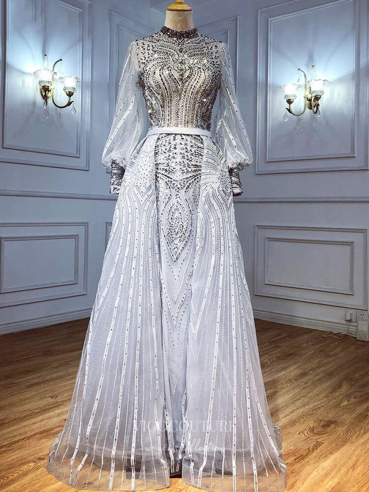 vigocouture-Beaded Long Sleeve Prom Dresses Lace Applique Evening Dresses 21214-Prom Dresses-vigocouture-Grey-US2-