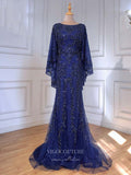 vigocouture-Beaded Long Sleeve Prom Dresses Mermaid Evening Dresses 21203-Prom Dresses-vigocouture-Blue-US2-
