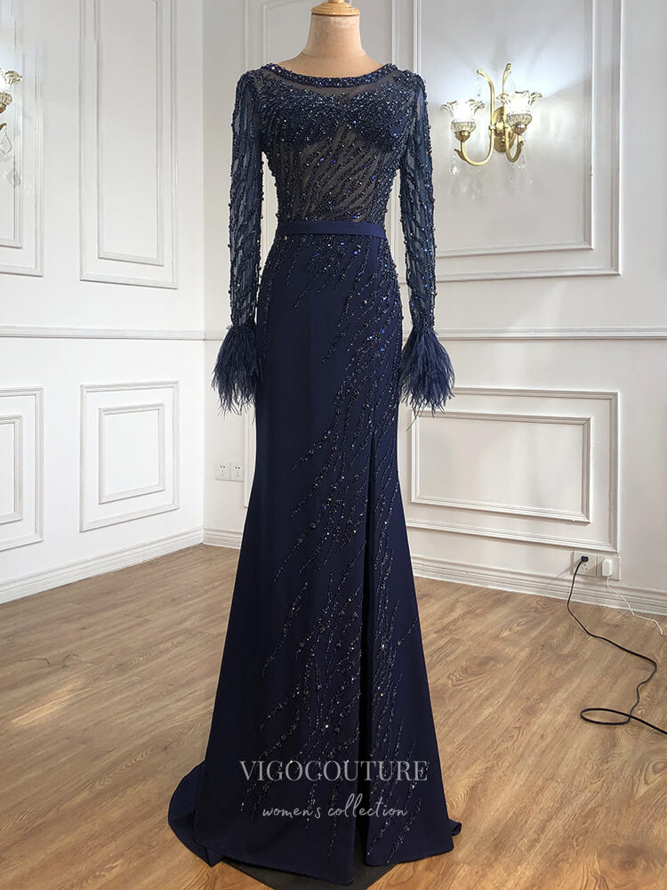 vigocouture-Beaded Long Sleeve Prom Dresses Mermaid Formal Dresses 21292-Prom Dresses-vigocouture-Blue-US2-