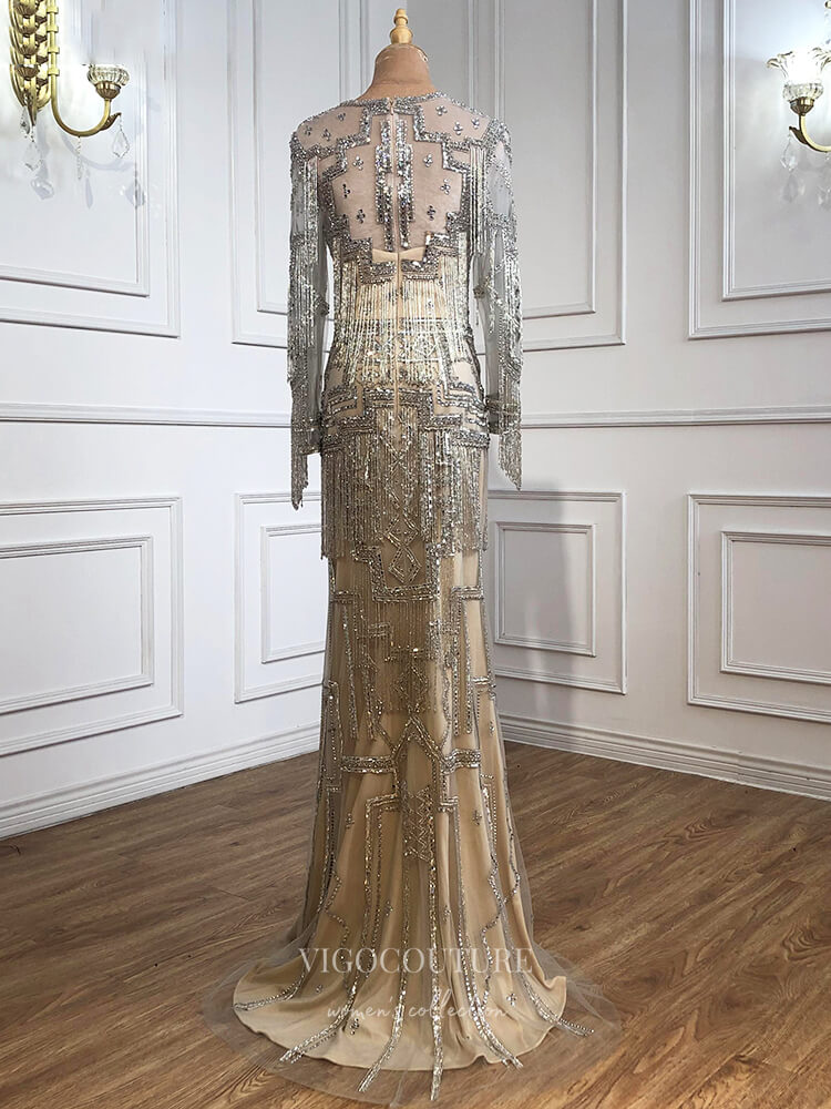 vigocouture-Beaded Long Sleeve Prom Dresses Mermaid Formal Dresses 21295-Prom Dresses-vigocouture-