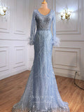 vigocouture-Beaded Long Sleeve Prom Dresses Mermaid Formal Dresses 21302-Prom Dresses-vigocouture-Blue-US2-