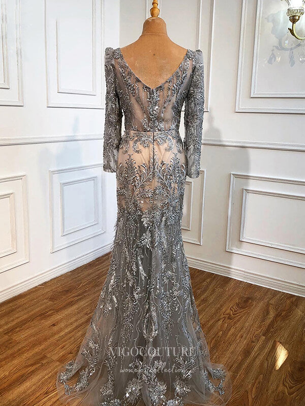 vigocouture-Beaded Long Sleeve Prom Dresses Mermaid Lace Applique Formal Dresses 21313-Prom Dresses-vigocouture-
