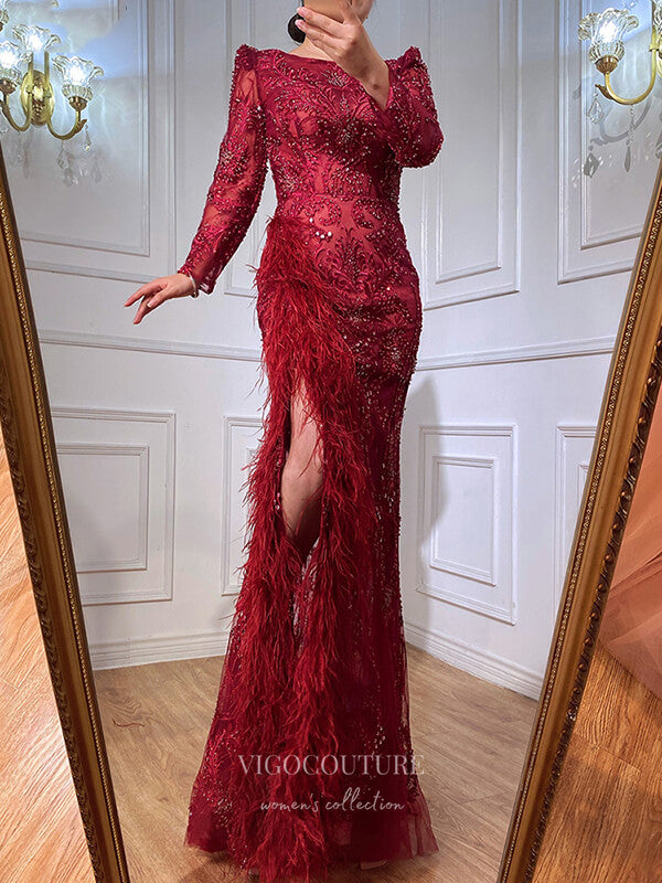 Burgundy Lace Beaded Mermaid Burgundy Evening Gown With Long