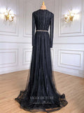vigocouture-Beaded Long Sleeve Prom Dresses V-Neck Evening Dresses 21200-Prom Dresses-vigocouture-