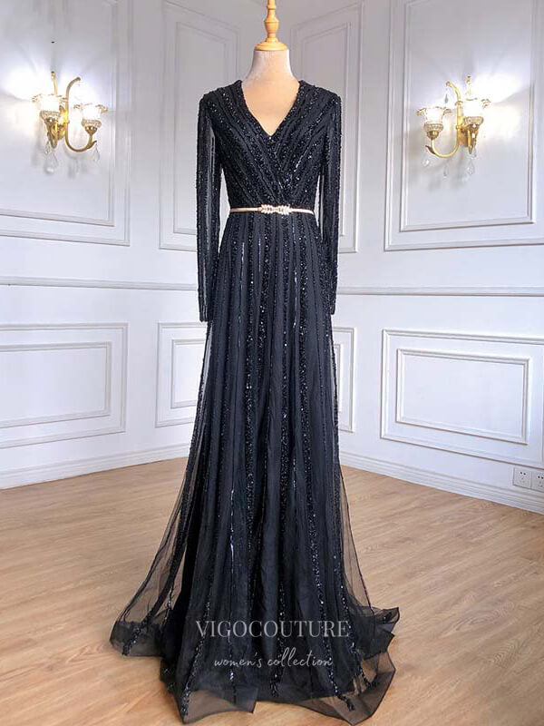 vigocouture-Beaded Long Sleeve Prom Dresses V-Neck Evening Dresses 21200-Prom Dresses-vigocouture-Black-US2-