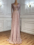 vigocouture-Beaded Long Sleeve Prom Dresses V-Neck Evening Dresses 21200-Prom Dresses-vigocouture-Pink-US2-