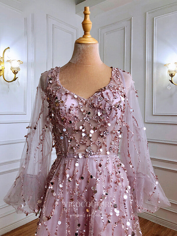 vigocouture-Beaded Long Sleeve Prom Dresses V-Neck Evening Dresses 21232-Prom Dresses-vigocouture-