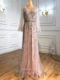 vigocouture-Beaded Long Sleeve Prom Dresses V-Neck Evening Dresses 21291-Prom Dresses-vigocouture-Blush-US2-