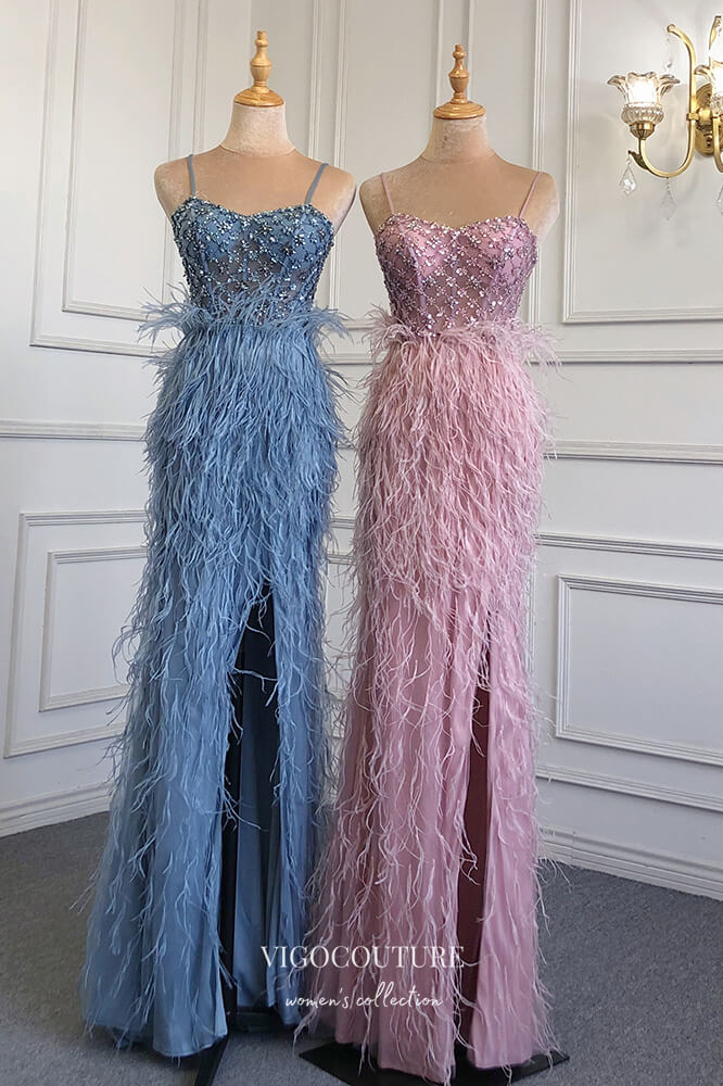 vigocouture-Beaded Mermaid Formal Dresses Feather Spaghetti Strap Prom Dress 21626-Prom Dresses-vigocouture-Blue-US2-