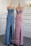 vigocouture-Beaded Mermaid Formal Dresses Feather Spaghetti Strap Prom Dress 21626-Prom Dresses-vigocouture-Blue-US2-