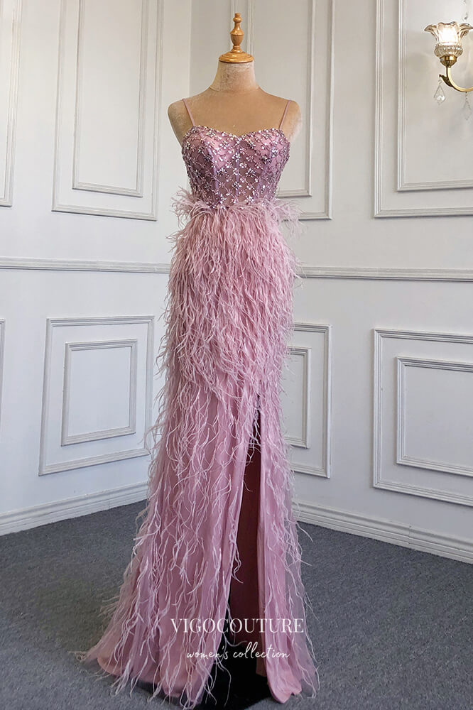 vigocouture-Beaded Mermaid Formal Dresses Feather Spaghetti Strap Prom Dress 21626-Prom Dresses-vigocouture-Pink-US2-