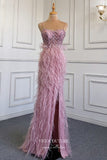 vigocouture-Beaded Mermaid Formal Dresses Feather Spaghetti Strap Prom Dress 21626-Prom Dresses-vigocouture-Pink-US2-