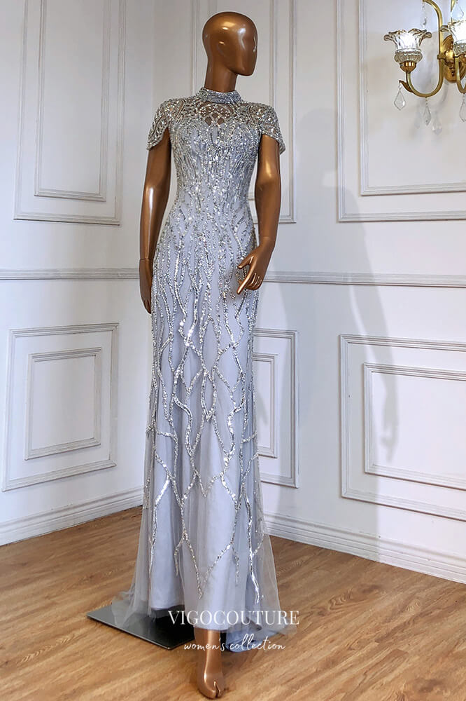 vigocouture-Beaded Mermaid Formal Dresses High Neck Cap Sleeve Prom Dress 21627-Prom Dresses-vigocouture-Silver-US2-