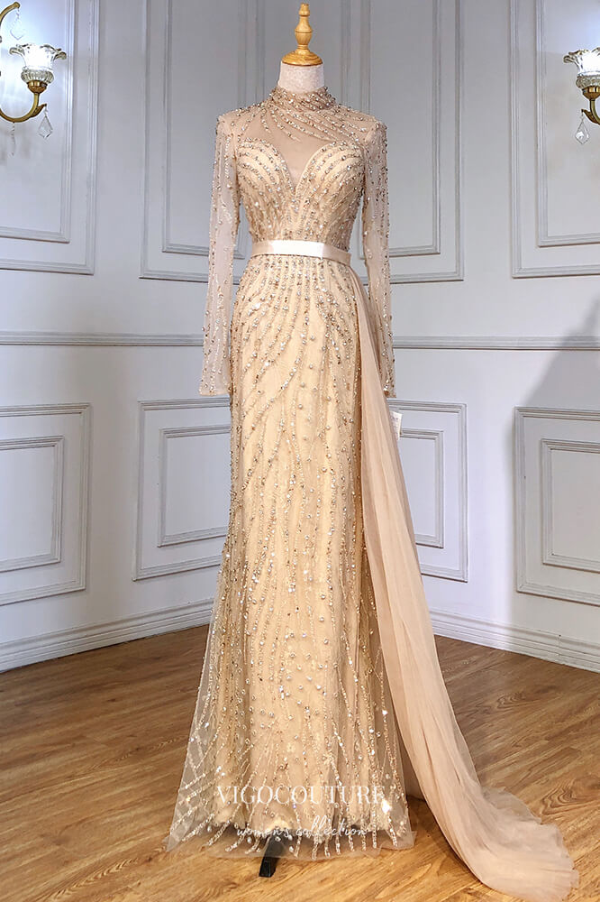 vigocouture-Beaded Mermaid Formal Dresses Long Sleeve High Neck Prom Dress 21619-Prom Dresses-vigocouture-Champagne-US2-