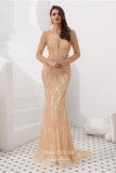 vigocouture-Beaded Mermaid Formal Dresses Long Sleeve Prom Dress 21628-Prom Dresses-vigocouture-Champagne-US2-