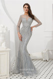 vigocouture-Beaded Mermaid Formal Dresses Long Sleeve Prom Dress 21628-Prom Dresses-vigocouture-Silver-US2-