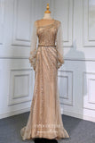vigocouture-Beaded Mermaid Formal Dresses Long Sleeve Prom Dress 21632-Prom Dresses-vigocouture-Champagne-US2-
