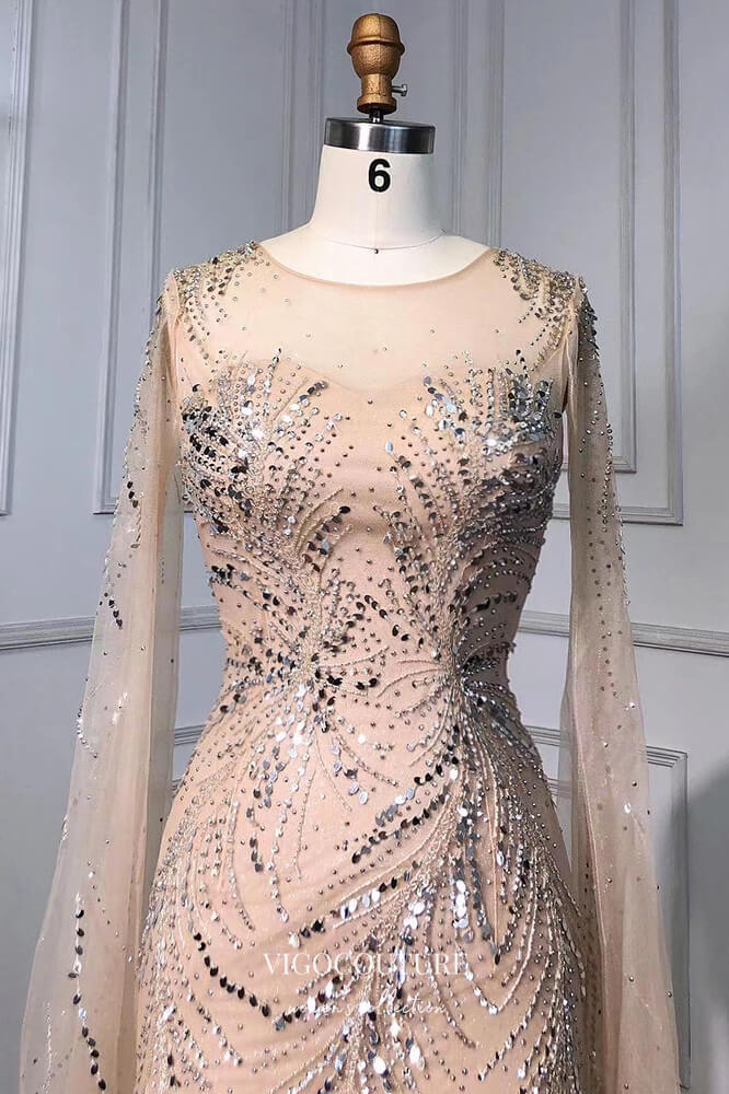 vigocouture-Beaded Mermaid Formal Dresses Removable Cape Sleeve Prom Dress 21629-Prom Dresses-vigocouture-
