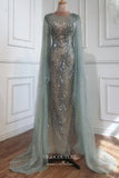 vigocouture-Beaded Mermaid Formal Dresses Removable Cape Sleeve Prom Dress 21629-Prom Dresses-vigocouture-Light Green-US2-