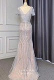 vigocouture-Beaded Mermaid Formal Dresses Short Sleeve V-Neck Prom Dress 21631-Prom Dresses-vigocouture-