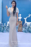vigocouture-Beaded Mermaid Formal Dresses Short Sleeve V-Neck Prom Dress 21631-Prom Dresses-vigocouture-