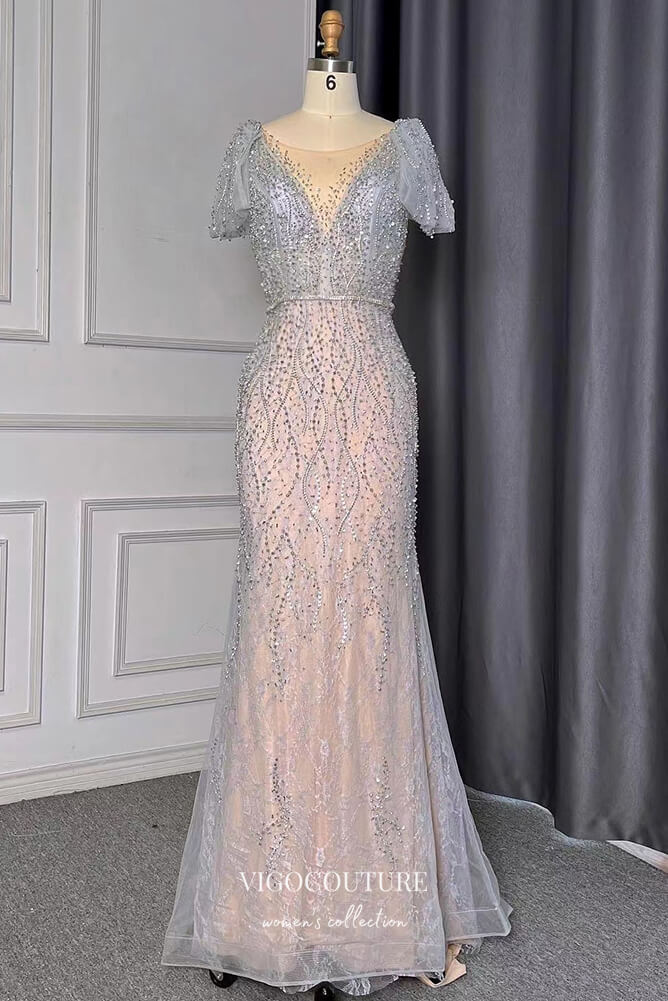 vigocouture-Beaded Mermaid Formal Dresses Short Sleeve V-Neck Prom Dress 21631-Prom Dresses-vigocouture-Silver-US2-
