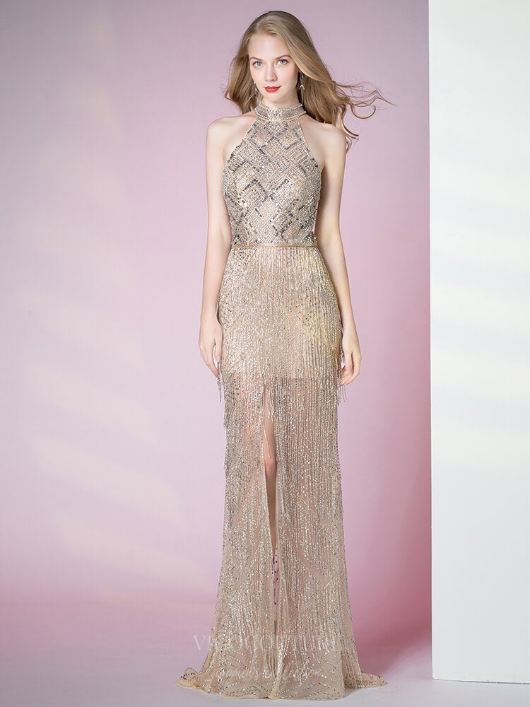 vigocouture-Beaded Mermaid Halter Neck Prom Dress 20788-Prom Dresses-vigocouture-Champagne-US2-