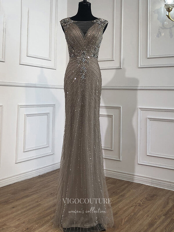 vigocouture-Beaded Mermaid Prom Dresses Cap Sleeve Formal Dresses 21259-Prom Dresses-vigocouture-Grey-US2-