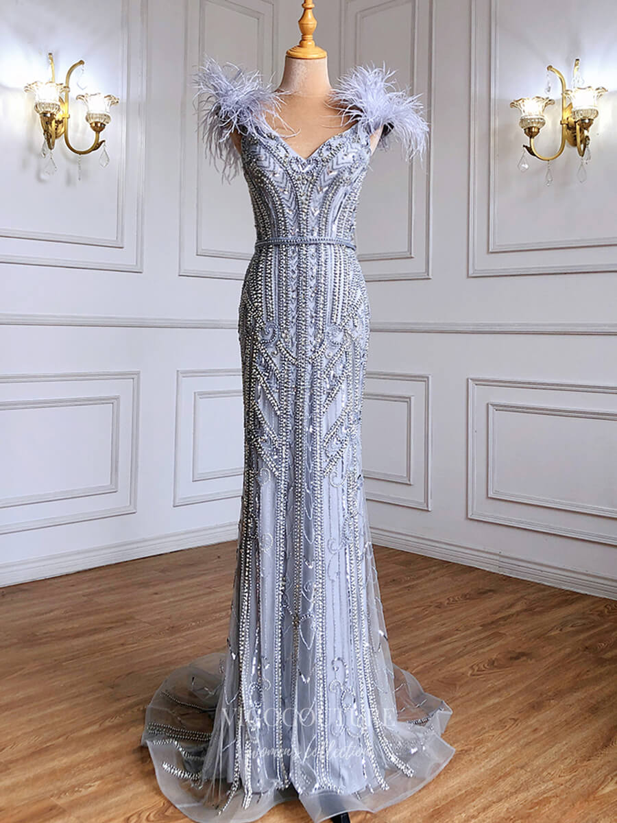 Beaded Mermaid Prom Dresses Feather Formal Dresses 21265-Prom Dresses-vigocouture-Grey-US2-vigocouture