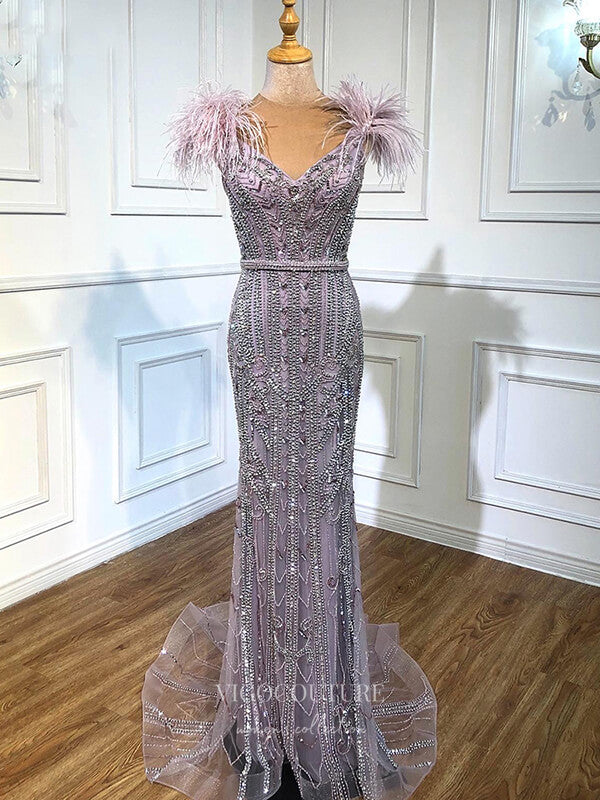 vigocouture-Beaded Mermaid Prom Dresses Feather Formal Dresses 21265-Prom Dresses-vigocouture-Pink-US2-