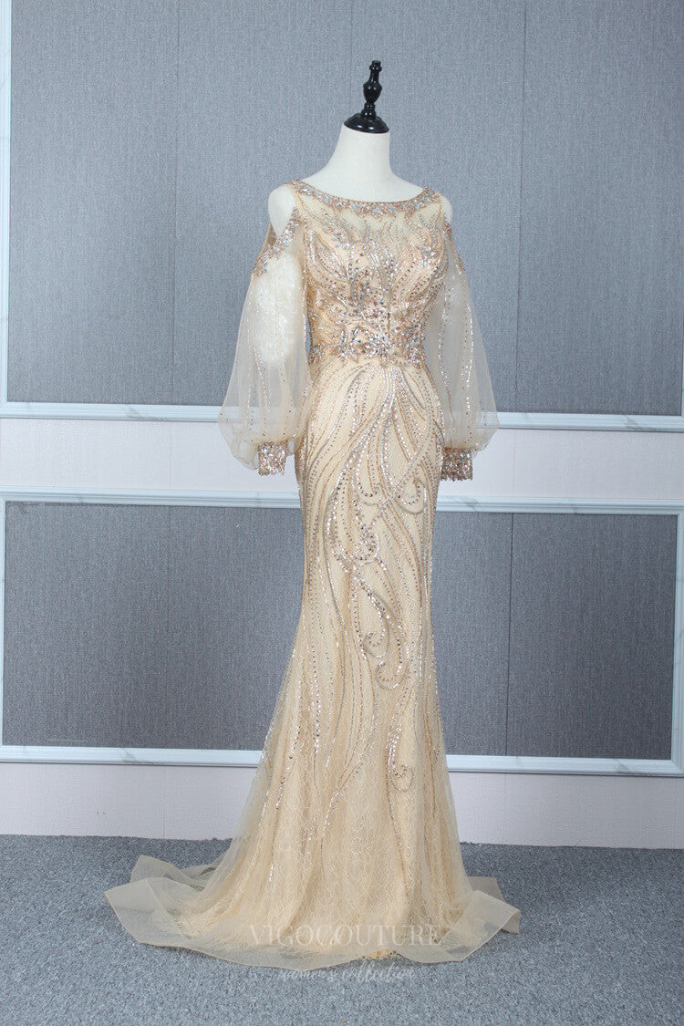 vigocouture-Beaded Mermaid Prom Dresses Long Sleeve Evening Dresses 20766-Prom Dresses-vigocouture-