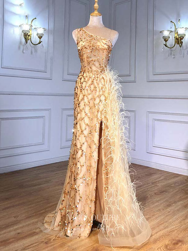 vigocouture-Beaded Mermaid Prom Dresses One Shoulder Evening Dresses 21222-Prom Dresses-vigocouture-Champagne-US2-