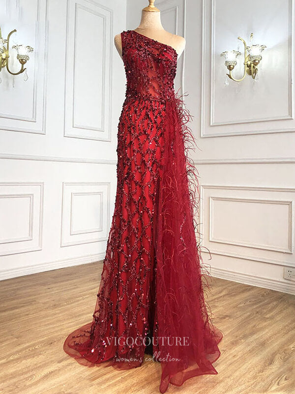 vigocouture-Beaded Mermaid Prom Dresses One Shoulder Evening Dresses 21222-Prom Dresses-vigocouture-Red-US2-
