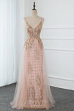 vigocouture-Beaded Mermaid Prom Dresses Plunging V-Neck Evening Dresses 20803-Prom Dresses-vigocouture-Blush-US2-
