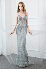 Beaded Mermaid Prom Dresses Plunging V-Neck Evening Dresses 20803