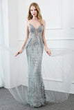 vigocouture-Beaded Mermaid Prom Dresses Plunging V-Neck Evening Dresses 20803-Prom Dresses-vigocouture-Silver-US2-