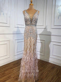 vigocouture-Beaded Mermaid Prom Dresses Plunging V-Neck Evening Dresses 21266-Prom Dresses-vigocouture-Pink-US2-