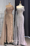 vigocouture-Beaded Mermaid Formal Dresses Extra Long Sleeve One Shoulder Prom Dress 21612-Prom Dresses-vigocouture-Khaki-US2-