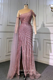 vigocouture-Beaded Mermaid Formal Dresses Extra Long Sleeve One Shoulder Prom Dress 21612-Prom Dresses-vigocouture-Pink-US2-