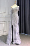 vigocouture-Beaded Mermaid Formal Dresses Extra Long Sleeve One Shoulder Prom Dress 21612-Prom Dresses-vigocouture-Silver-US2-