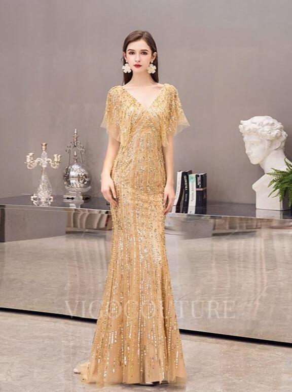 vigocouture-Beaded Mermaid Sheath Prom Dresses 20003-Prom Dresses-vigocouture-Gold-US2-