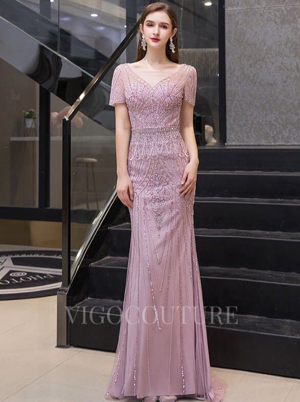 vigocouture-Beaded Mermaid Short Sleeve Prom Dresses 20080-Prom Dresses-vigocouture-Mauve-US2-