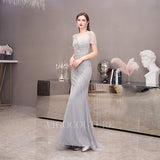 vigocouture-Beaded Mermaid Short Sleeve Prom Dresses 20080-Prom Dresses-vigocouture-Silver-US2-