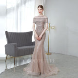 vigocouture-Beaded Mermaid Short Sleeve Prom Dresses 20117-Prom Dresses-vigocouture-Blush-US2-