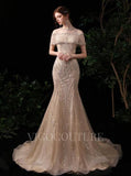 vigocouture-Beaded Mermaid Short Sleeve Prom Dresses 20117-Prom Dresses-vigocouture-Khaki-US2-