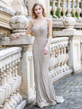 vigocouture-Beaded Mermaid Spaghetti Strap Prom Dress 20808-Prom Dresses-vigocouture-Champagne-US2-